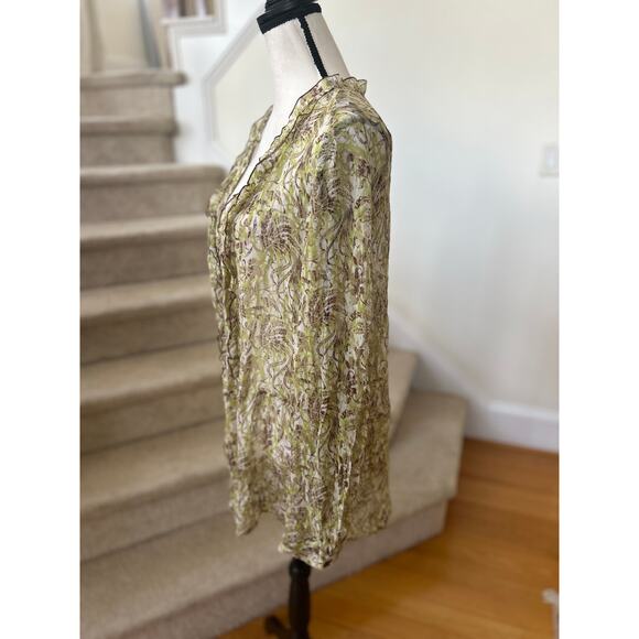 Vintage Y2K Bob Mackie Green White Brown SHEER Silk Boho Whimsigoth Fairy Blouse - Picture 3 of 7